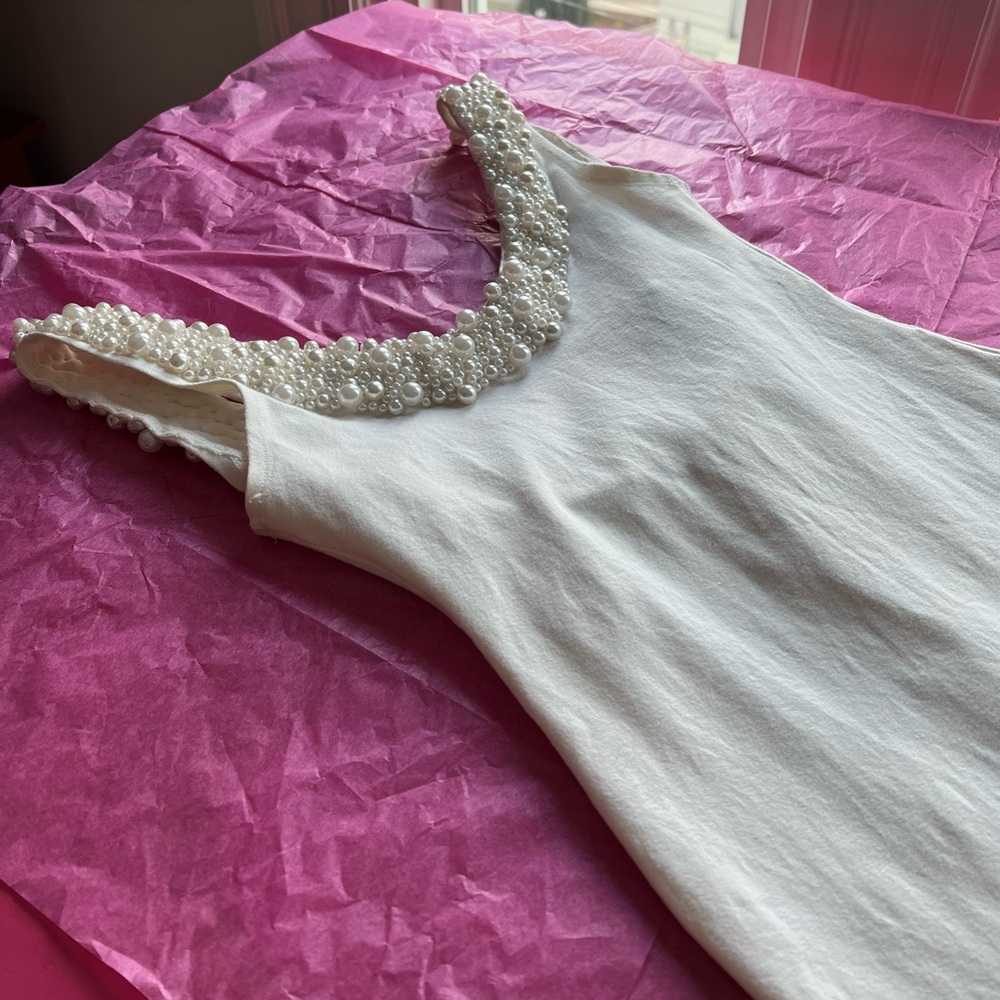 EUC VTG 80s pearl necklace handsewn bodycon ivory dress xs scoop back wedding